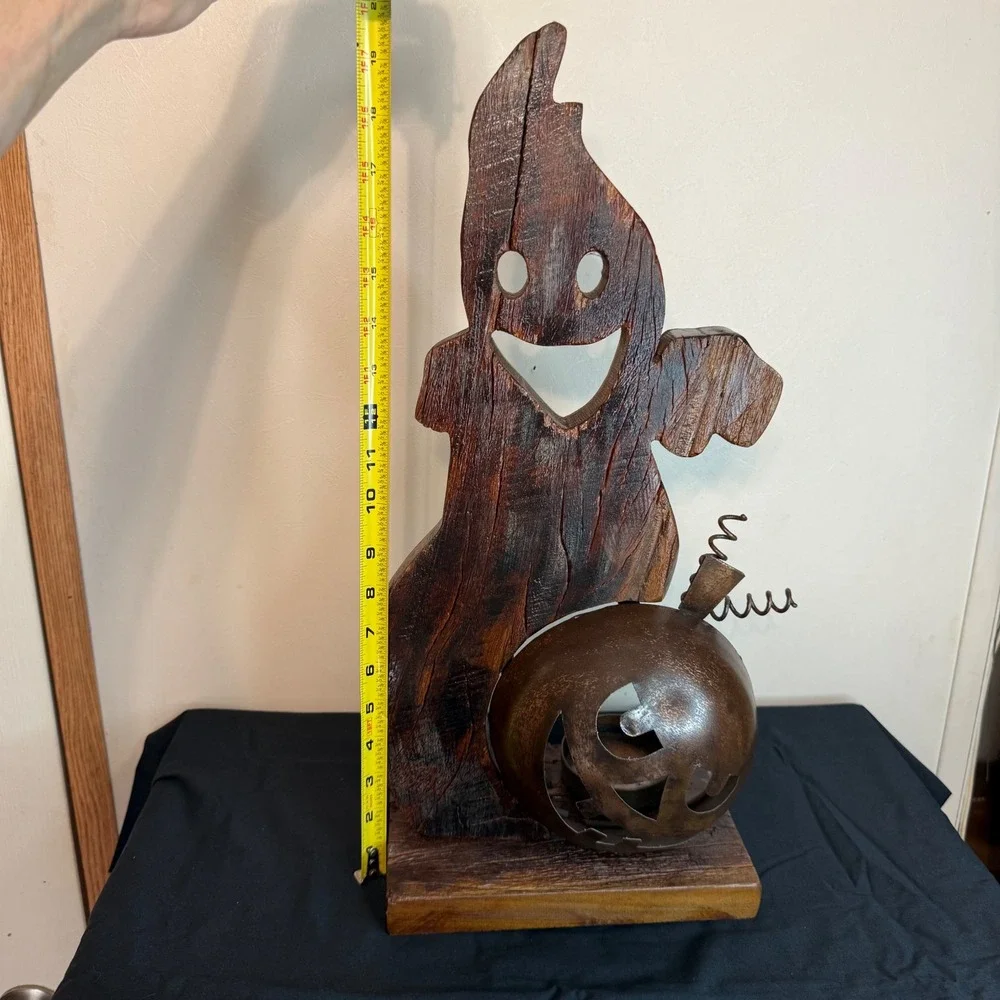Rustic Wood Ghost and Metal Pumpkin Tea Light Holder Halloween Decor 18.5 Inch
